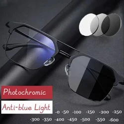 Men's Square Photochromic Myopia Glasses Double Beam Frame UV Shades Sunglasses for Male Unisex Near Sight Eyewear 0 To -6.0