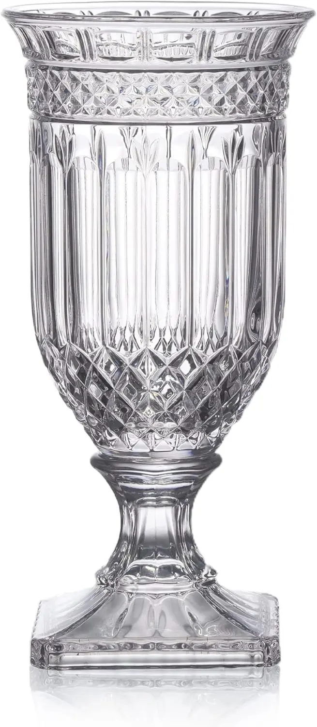 Joeyan 13'' Glass Urn Vase,Large Clear Decorative Flower Vase For Table And Centerpiece,Tall Pedestal Bouquet Vase With Ripple