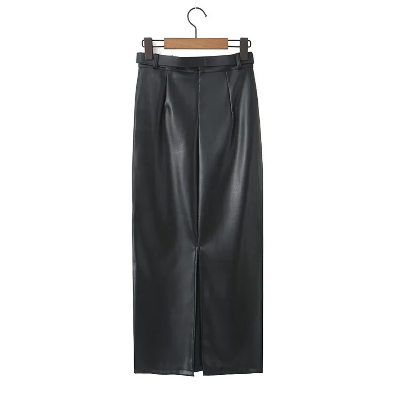 KEYANKETIAN Autumn/Winter New Women's With Belt High-Waisted Faux Leather Skirt Seam Detail Hem Slit Solid Ankle Straight Skirt