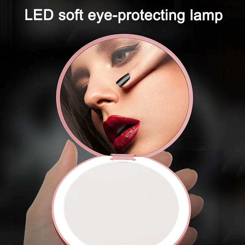 Nueva luz LED pequeña personalizada cosmética 2 lados plegable maquillaje pestañas espejo portátil Mini espejo de bolsillo HUAZJ15