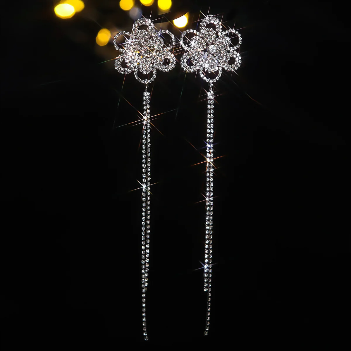 High-end luxury long 2-line tassel earrings for women, floral stud earrings, shiny bridal earrings