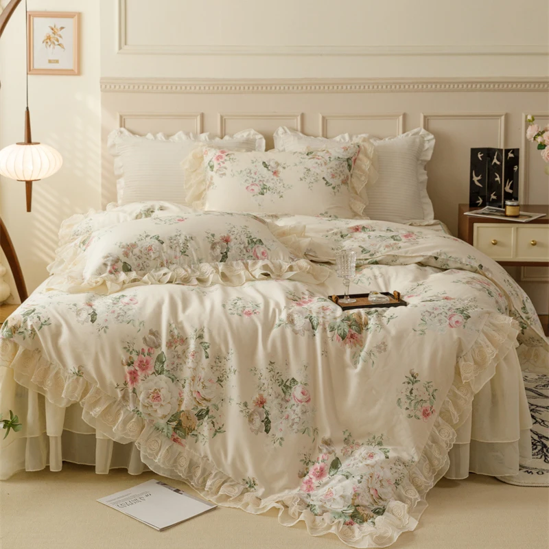 

Flowers Print Quilted Bedding Set 100% Cotton Korean Style Lace Princess Duvet Cover Bedspread Bed skirt Pillowcase Home Textile