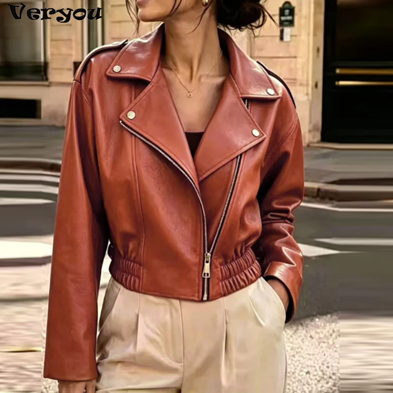 Autumn Faux Leather Moto Jacket Women Crop Tops Zipper Fly Lapel Motorcycle Jacket Windproof High Street Biker Jacket Cardigans