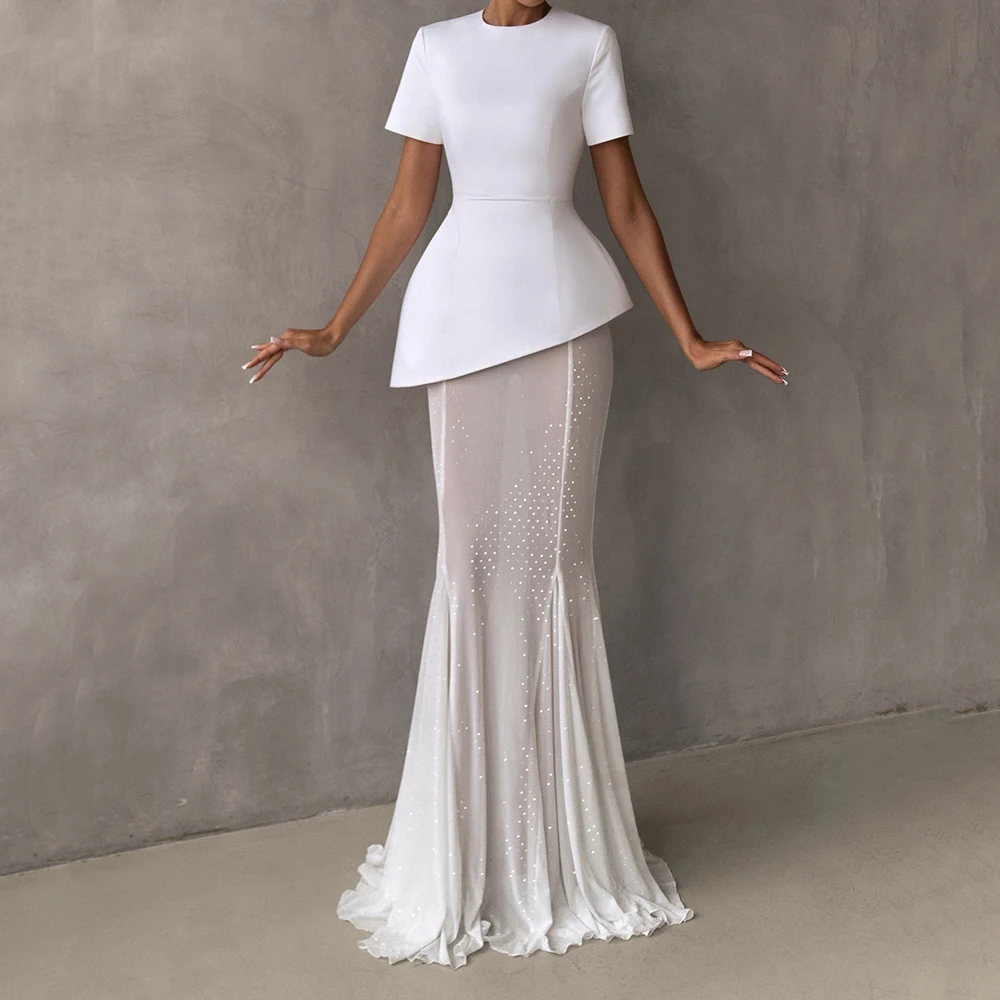 

Women's A-line Evening Dresses Floor-length O-neck Short Sleeve Prom Gown Fashion Sequined Simple Draped Casual Customized Gowns