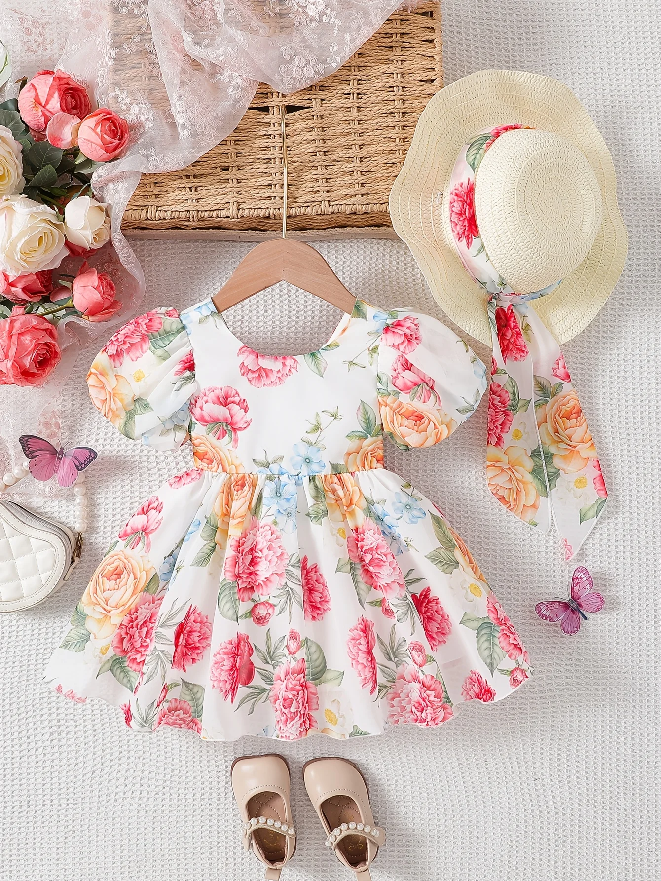 

Летнее платье-пачка с цветочным принтом и пышными рукавами для девочки и соломенная шляпка | Вечеринка/День рождения/Путешествие | Подарок на день рождения и День святого Валентина