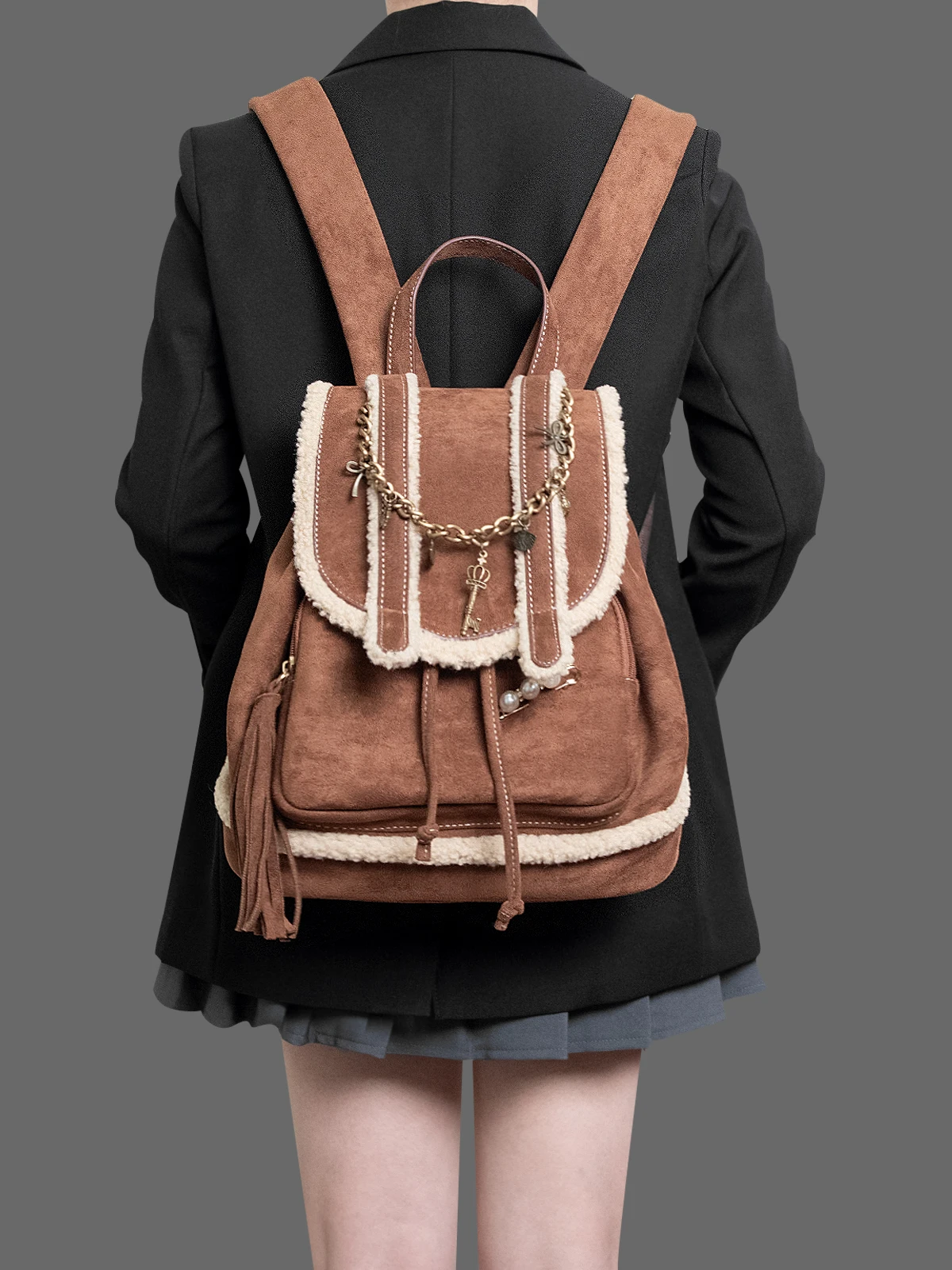 Mochila Retro europea y americana de gamuza esmerilada de imitación de gamuza con flecos y cremallera, bolso informal versátil para mujer