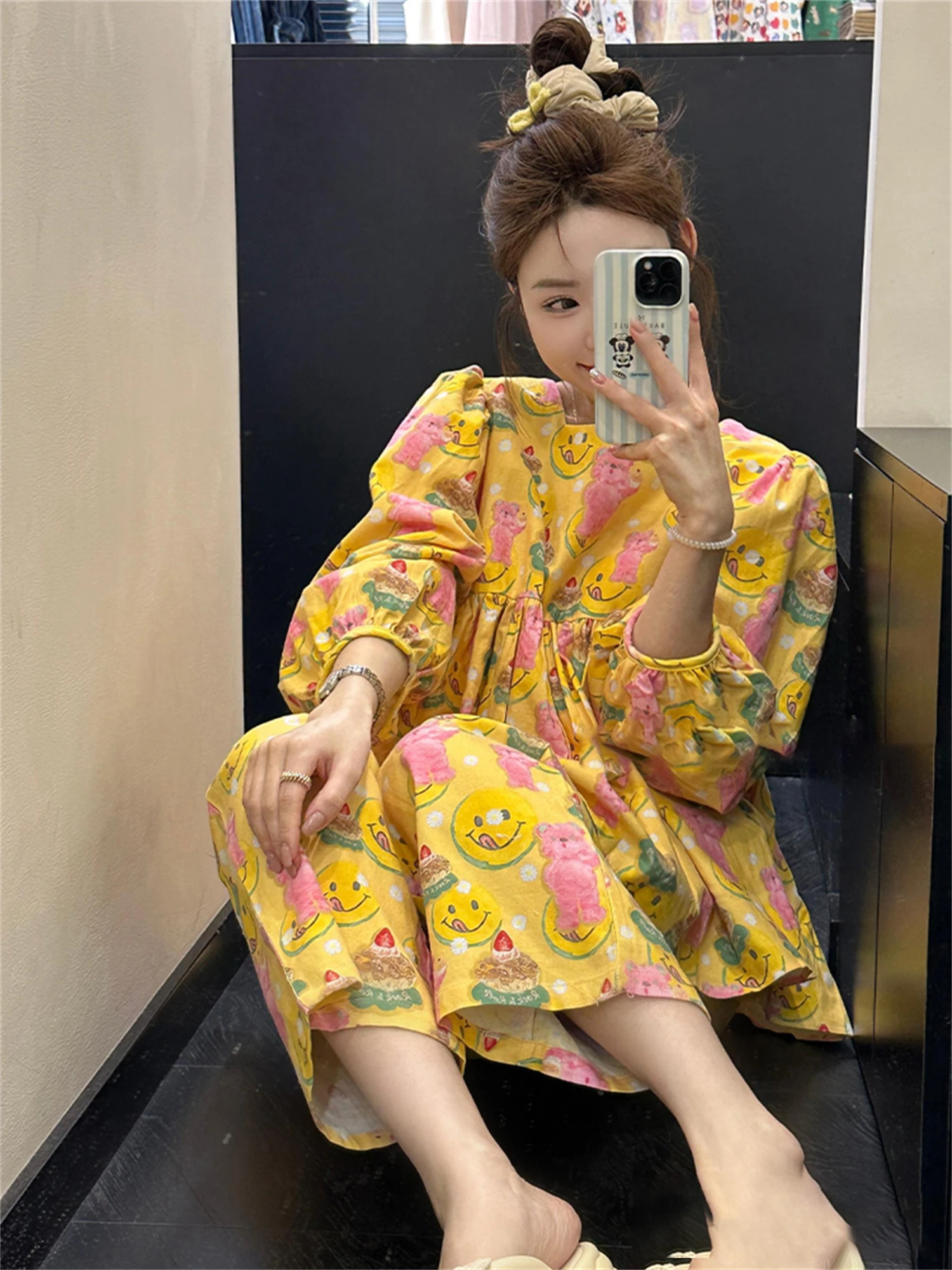 

Korean Sle Fun Cartoon Print Cotton Spwear Women's Spring Autumn Long Sve Long Pants plus Size Home Clothes Set