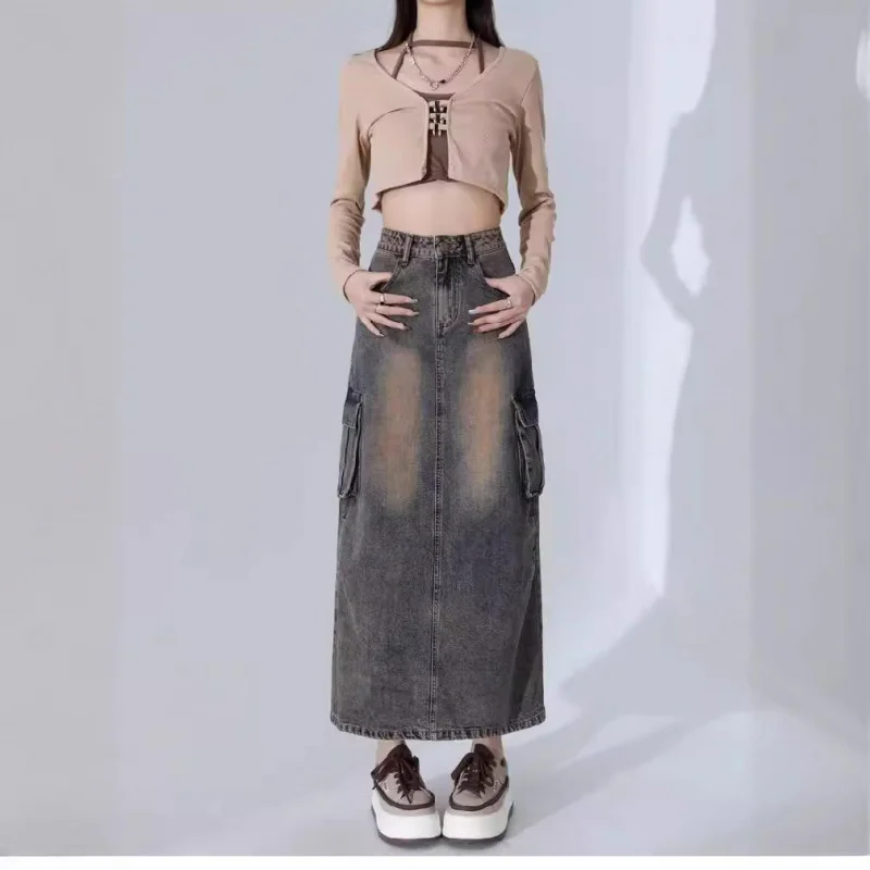 

American Retro Workwear Skirt Women'S Spring And Autumn Mid-Length High Waist Slimming A-Line Split Bodycon Long Skirt