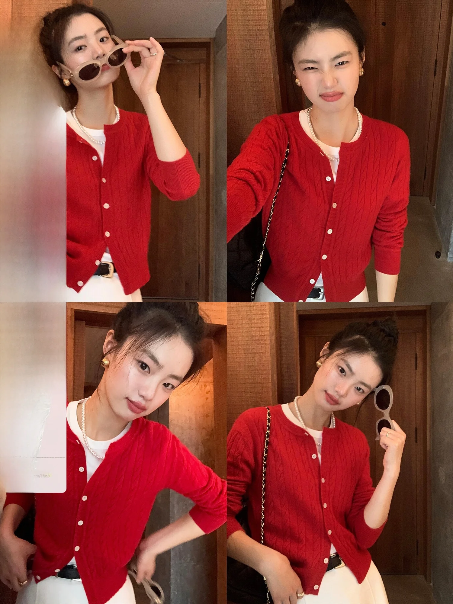 Pusumede Red Twisted Knitted Cardigan Women's Spring Autumn Short round Neck Versatile Sweater Jacket Ladies Fashion Wool Blend
