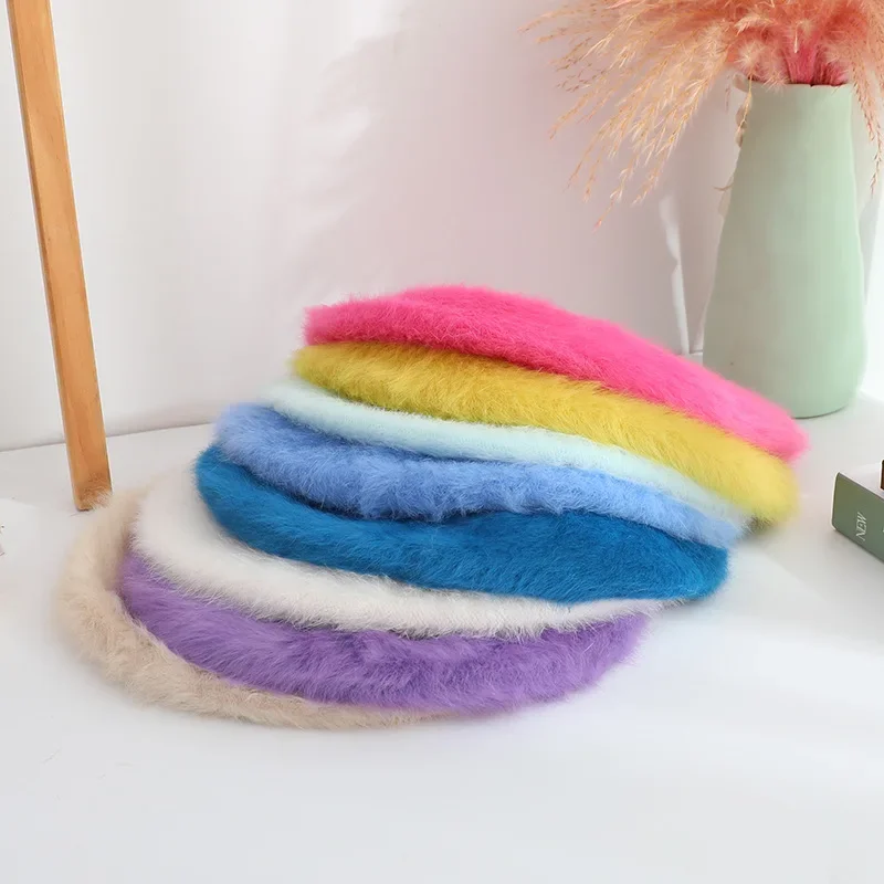AutumnWinter New Fashionable Candy Color Warm Knitted Beret Hat Rabbit Fur Solid Color Versatile Winter Bud Hat Women Beret Hat