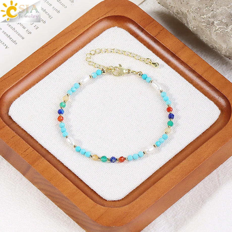 CSJA Mini Natural Pearl Bracelet Faceted Turquoise Beaded Bracelets for Women Friendship Balance Anxiety Jewelry Gifts H943