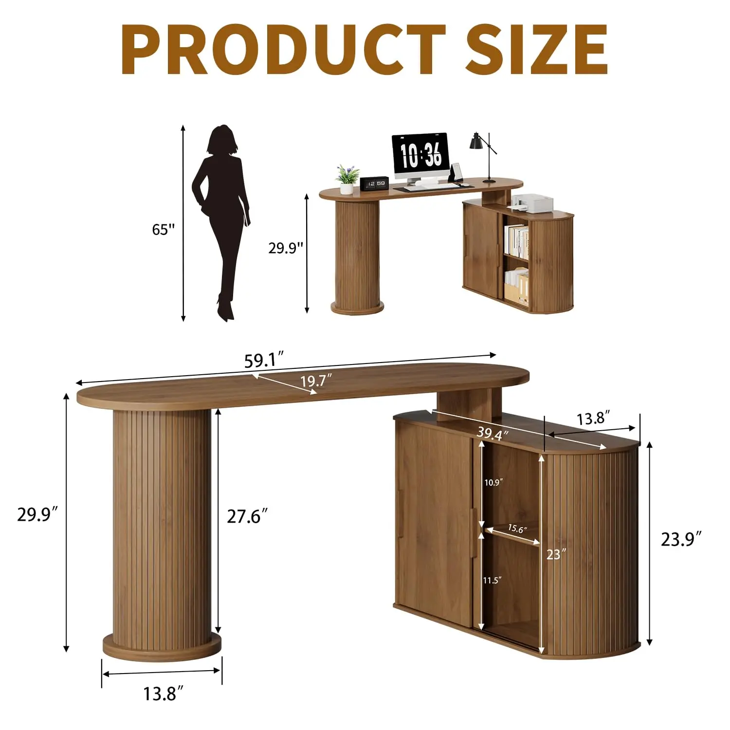 59 Inch Oval L Shaped Desk with Storage Cabinet Hidden Cabinet 2 Shelves Curved Corner Wood Table for Work Study, Customized