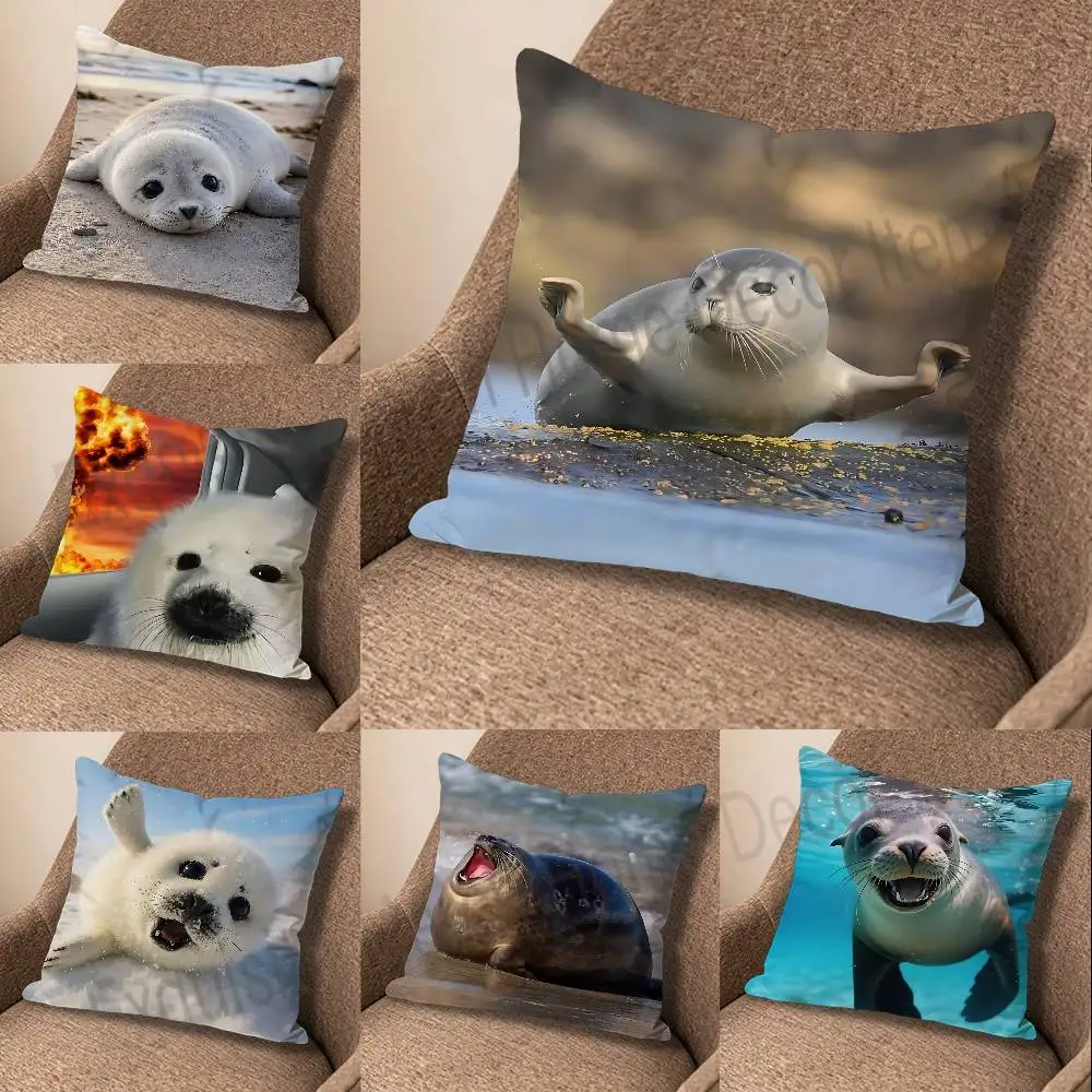 S-Seal Sea Polyester Printed Pillow Cover Square 30 40 45 50 60 65 cm Soft for Sofa Bed Car Home Decor