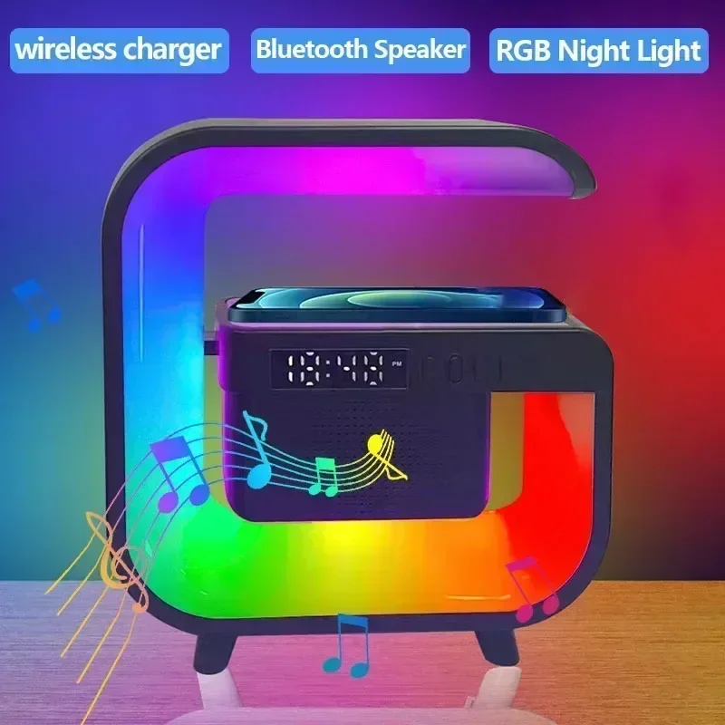 Suporte de carregador sem fio multifuncional, bluetooth 5.0, alto-falante, fm, tf, rgb, luz noturna, estação de carregamento rápido para iphone, samsung, xiaomi