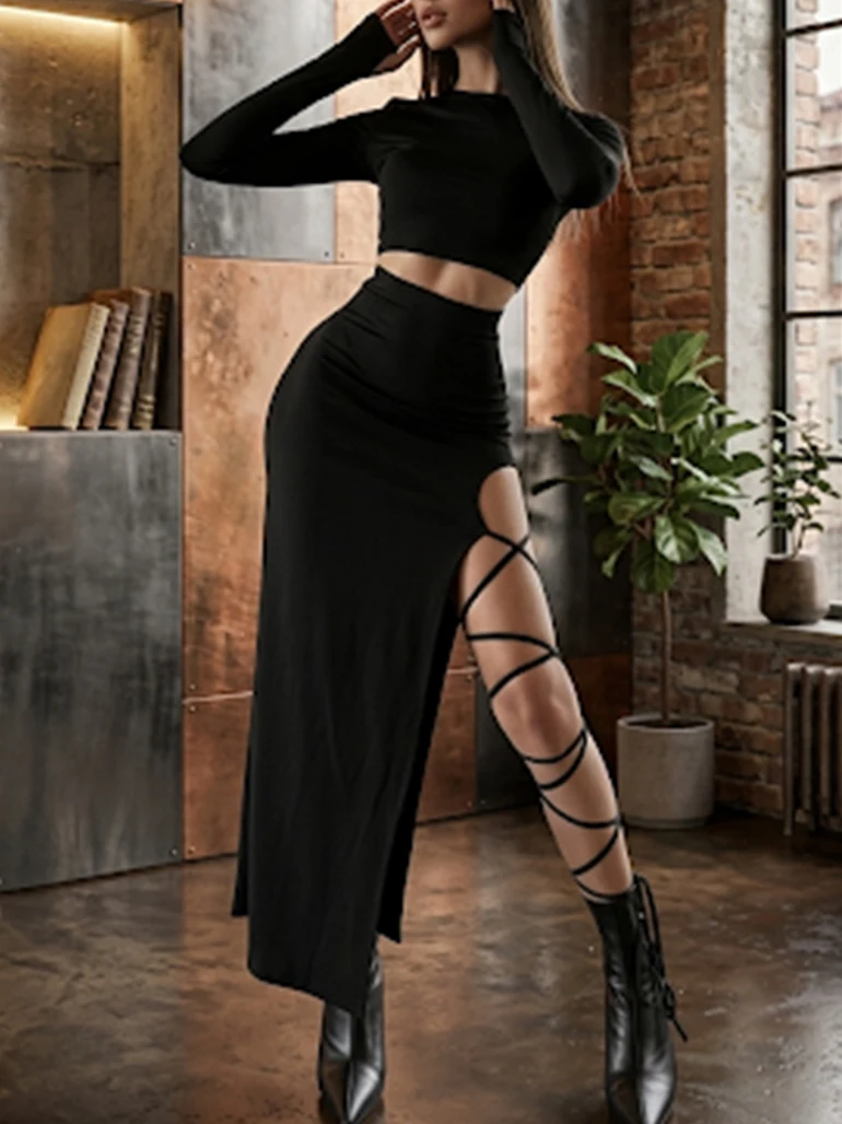 

New Arrival European & American Style Women's 2-Piece Set: Sexy Long-Sleeve Cropped Top + Side Slit Tie Long Skirt
