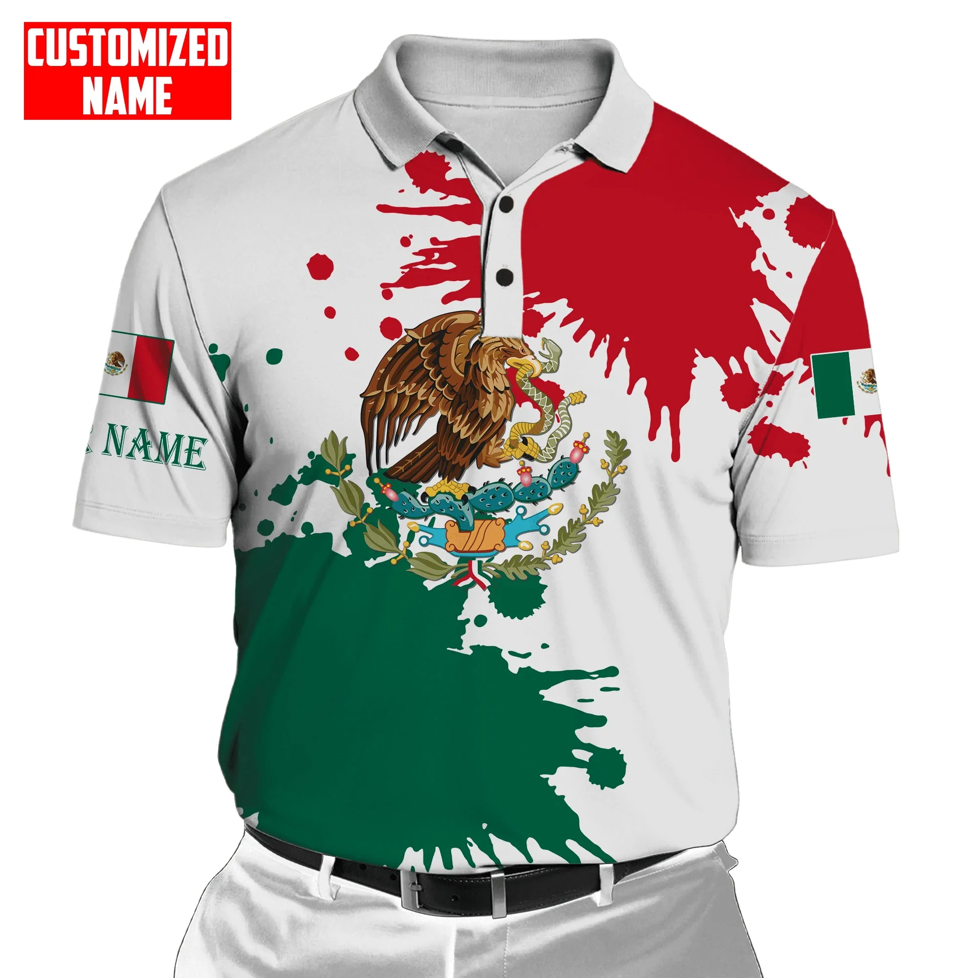 Mexico Eagle Printing Polo T Shirt For Men National Flag Pattern Oversized Short Sleeve Custom Tees Fashion Harajuku Button Tops