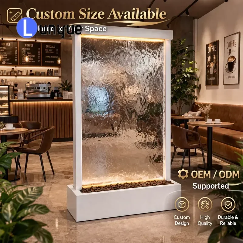 Luxury Indoor Rectangle Glass Waterfall Fountain LED Water Wall Freestanding Waterproof Customizable Size for Hotel Lobby SPA