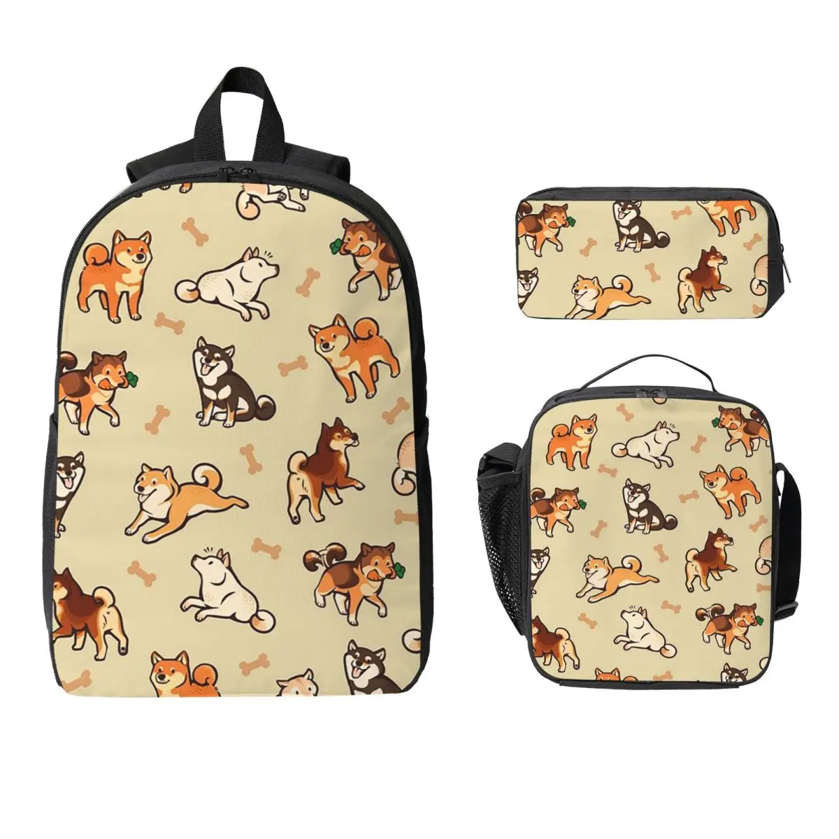 Mochila con diseño de perros adorables Shiba Inu en color crema, mochila escolar, bolsos de hombro para ordenador portátil, bolsa de almuerzo aislada de 3 piezas, estuche para lápices
