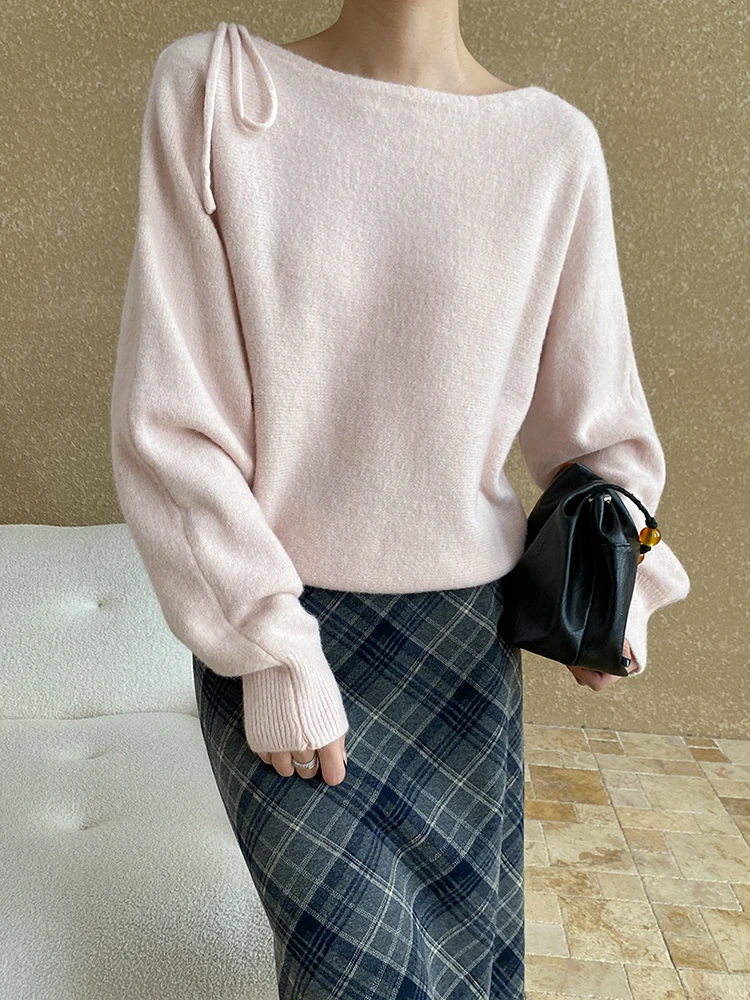 [LANMREM] Slash Neck Lace-up Pullovers For Women Long Sleeve Warm Fit Feamle Sweater Office Lady 2024 Winter New 26C1162