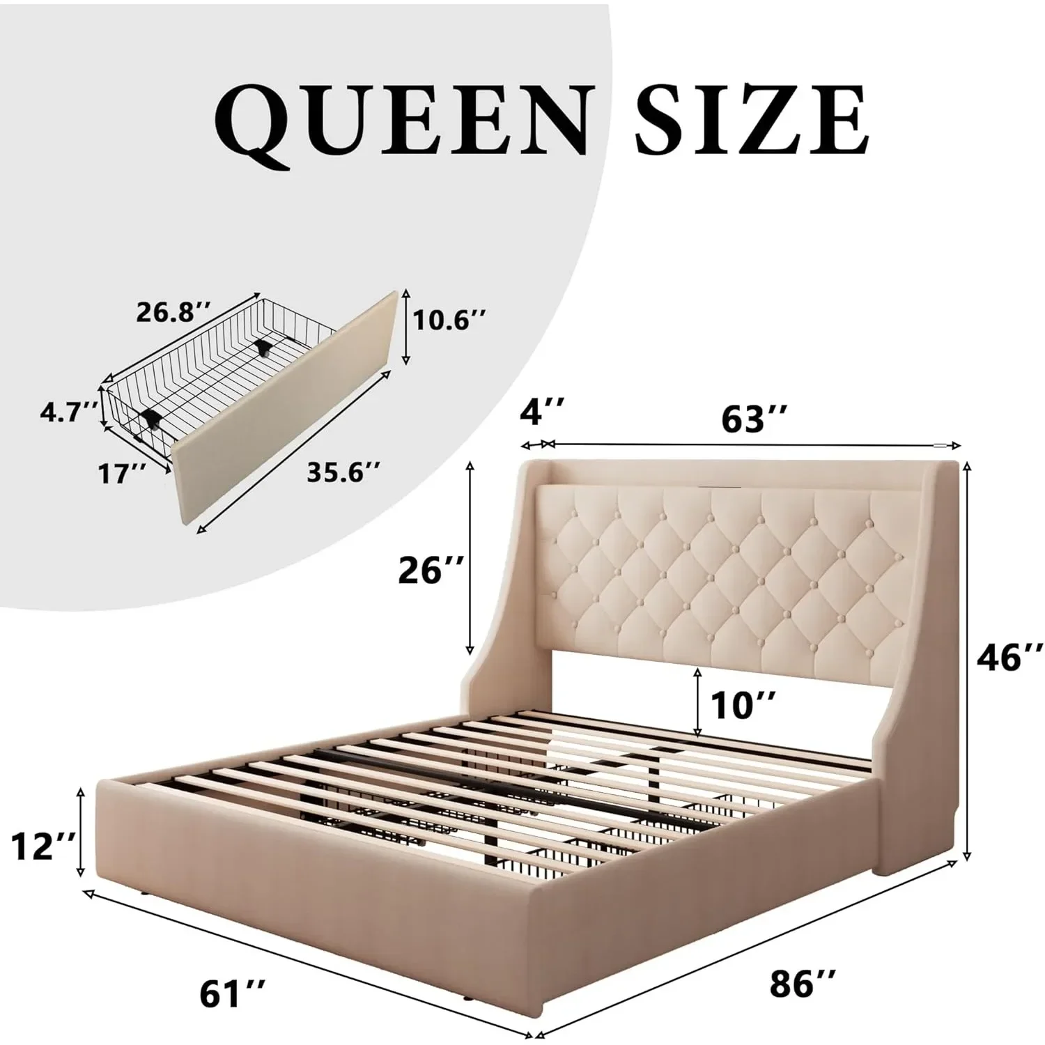 Large bed frame with 4 storage drawers, mattress platform bed frame with Type-C and USB ports, no springs, beige color