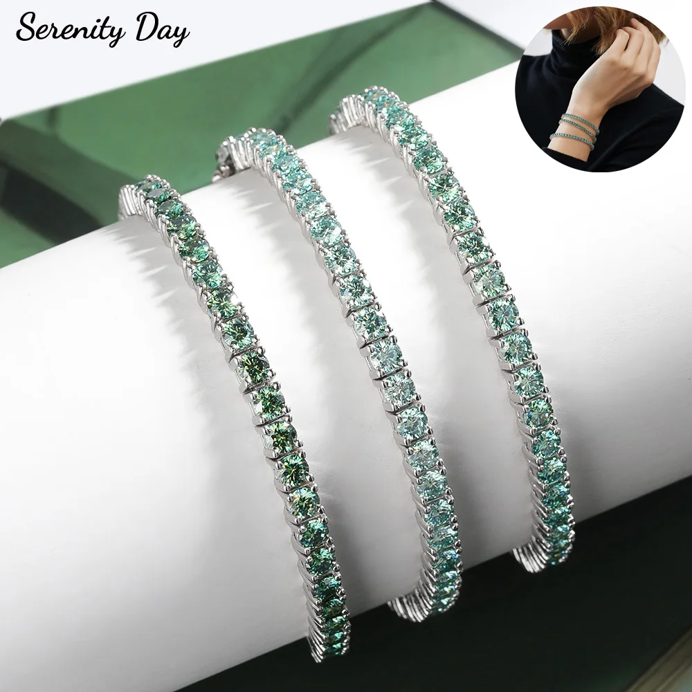 Serenity 3mm zielona bransoletka tenisowa Moissanite dla kobiet mężczyzna prezent na rocznicę S925 srebrna bransoletka platerowana 18k łańcuszek na rękę