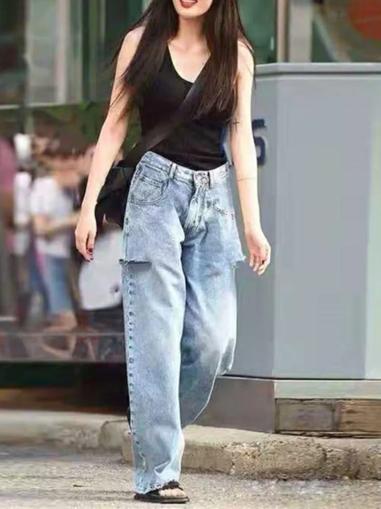 [oein] 2024 Women Summer Autumn Winter Knife Cuts Holes Pants Wide Leg High Waist Jeans Street Trendsetters