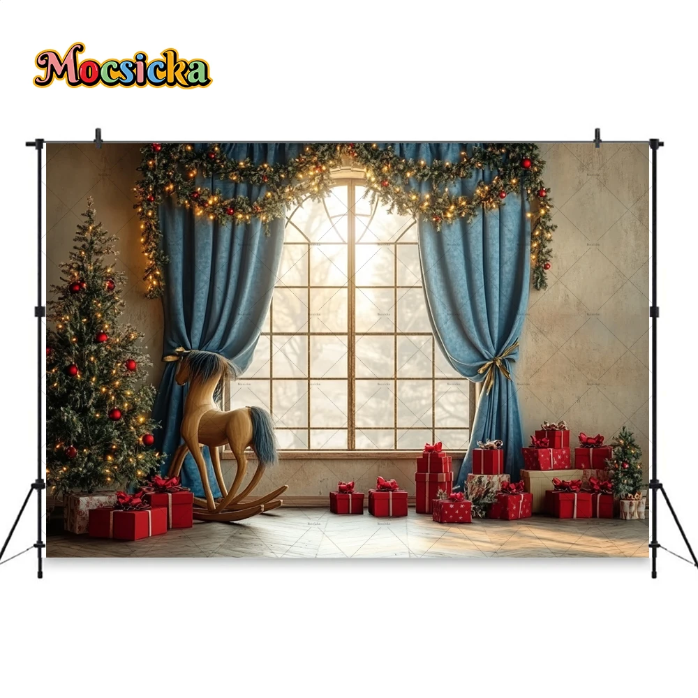 Mocsicka Christmas Toys Gift Room Background Photography Xmas Tree Window Wooden Horse Backdrop Winter Kid Birthday Photo Studio