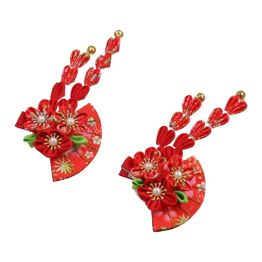 Cute Tassels Tassel Fan Hairpin Sakura Cloth Japanese Kimono Headwear Hanfu Fan Hair Clip Ancient Style Hairpin Girls