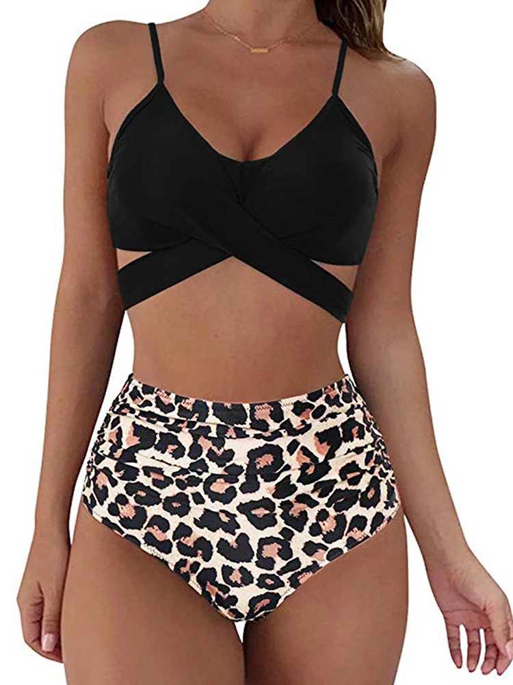 Traje de baño de cintura alta para mujer, traje de baño Sexy de leopardo con vendaje cruzado, conjunto de Bikini femenino, traje de baño de talla grande 2024