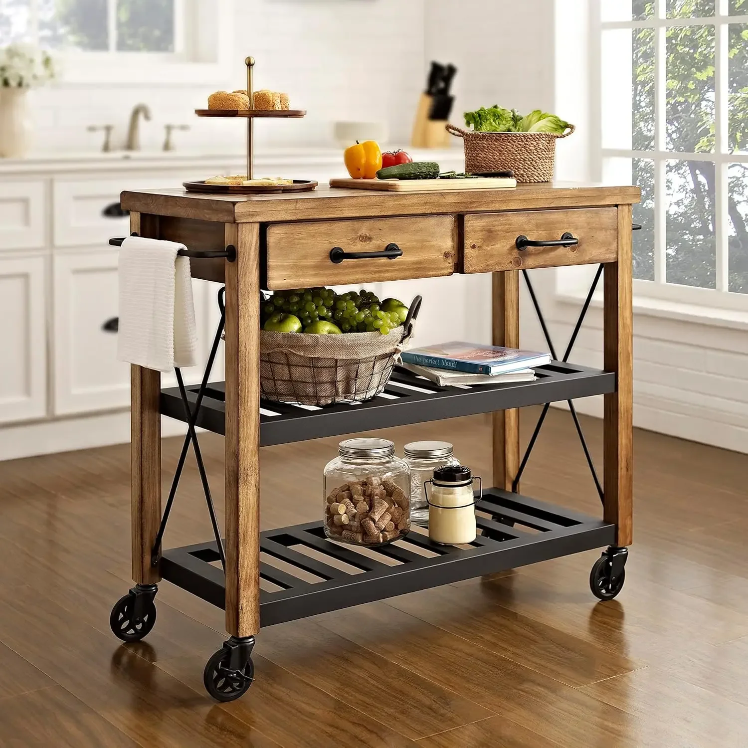 Roots Rolling Cart and Kitchen Island, Microwave Stand, with Storage Shelves and Drawers, Natural