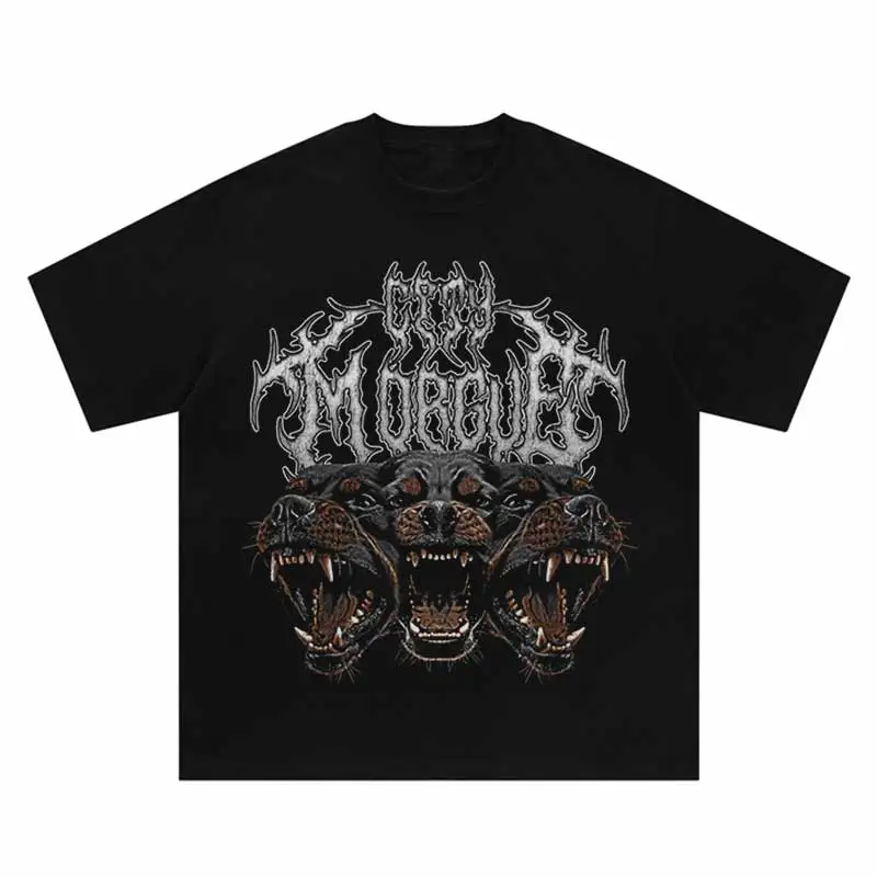 Vintage Black Tshirt Beast Rottweiler Dog Graphic Print Washed T-Shirt Streetwear Hip Hop Punk Gothic Loose 2024 Harajuku Tops