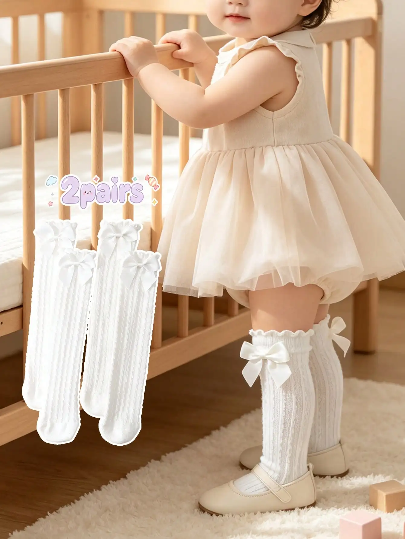 2 Pairs Girls Bow Cable Knit Knee High Socks Sweet Ruffle Cuff 2 12Y All Season Princess Dress Party Daily Cute Matching Outfit
