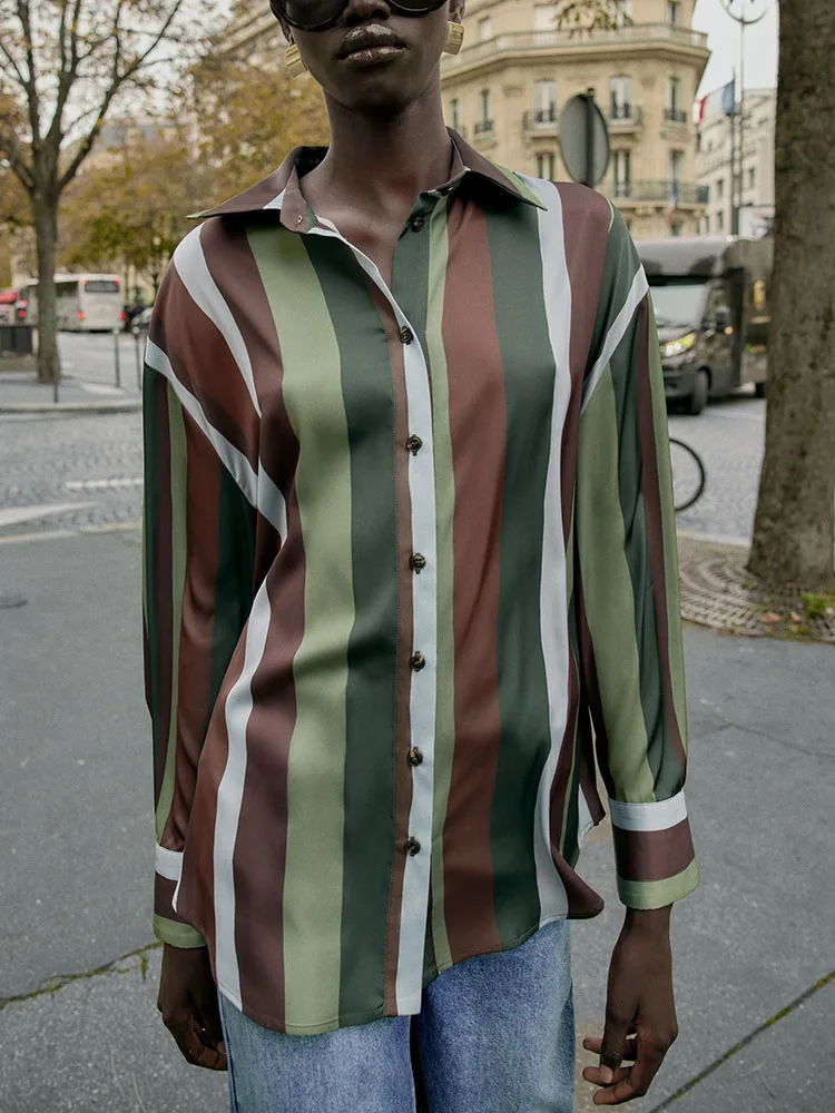 Winter 2025 Women's Faionable Long Sve awl Collar Striped Silk Satin Feel irt Versatile New Arrival 330