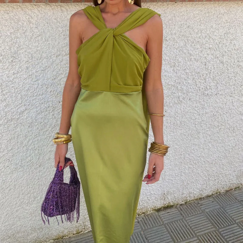 

Elegant V-neck Hollow Patchwork Banquet Dress Summer Fashion Backless Waist A-line Dress Casual Sleeveless Slim Women Long Dress
