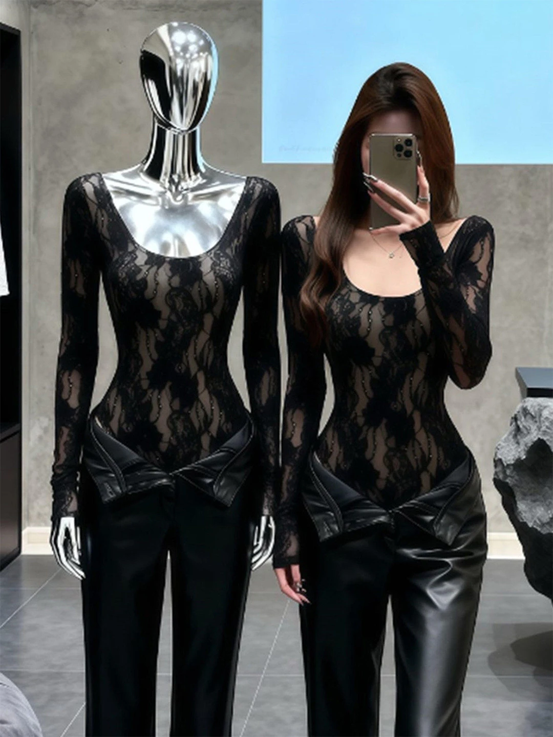 

Черное кружевное сексуальное боди для женщин, облегающее, базовое, с длинным рукавом, круглым вырезом, коллекция Весна 2026, новинка