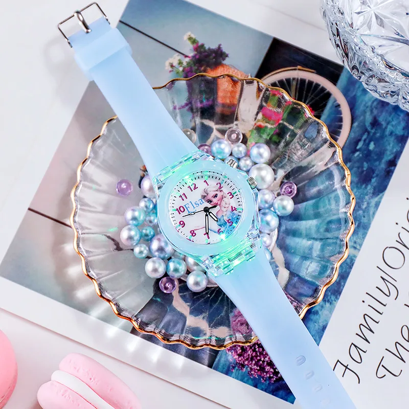 Disney children Watches for Girls Silicone Strap Princess Elsa Frozen 2 Sophia Flash Light Children Watch Women Clock gifts
