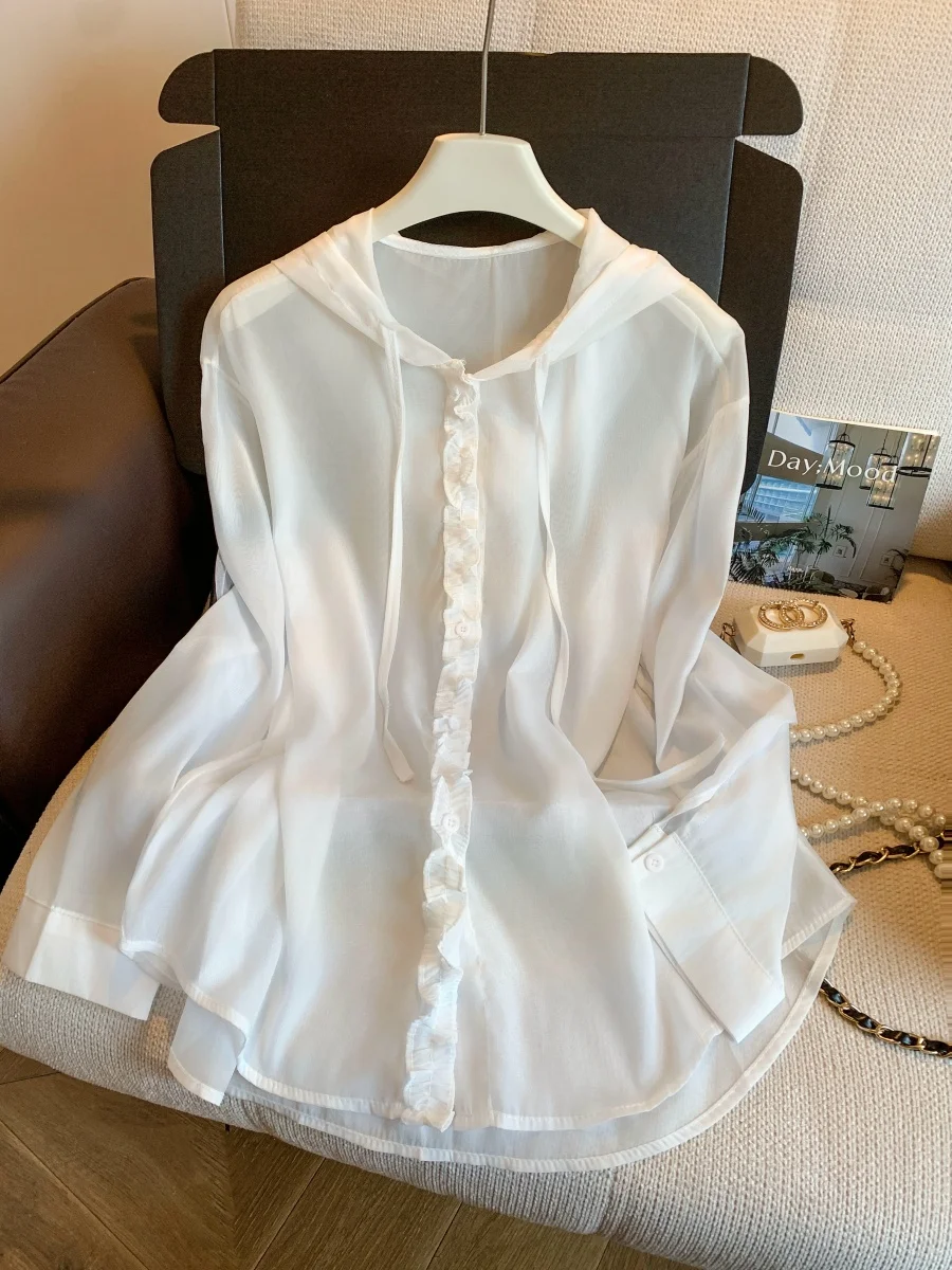 

Korean Style Loose Long Sleeve Casual Hooded Sun Protection Shirt Women Summer Thin Outerwear Slimming Blouse Coat