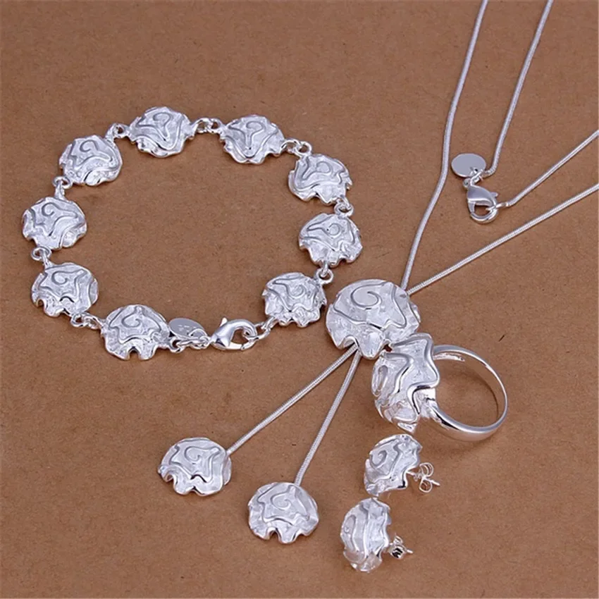 

Hot Charms 925 Sterling Silver Rose Flower Rings Bracelet Necklace Earring Stud for Women Jewelry Set Fashion Party Wedding Gift