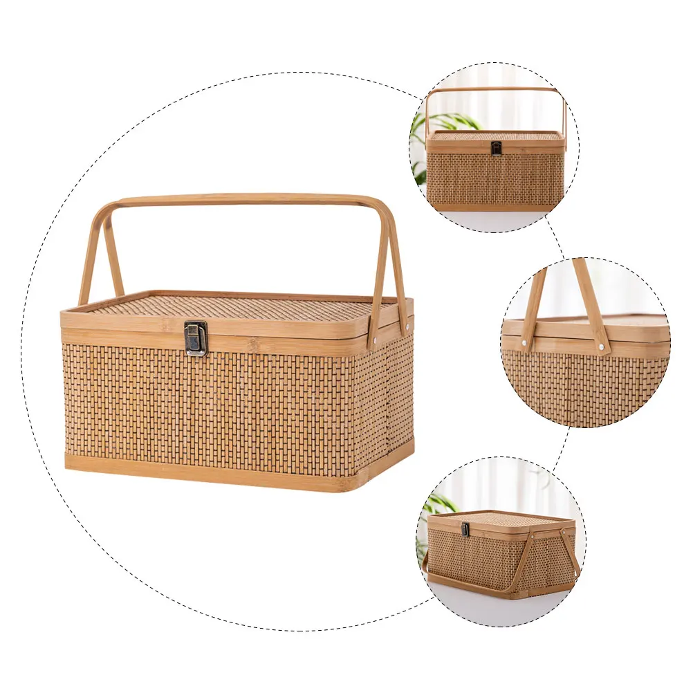 

Woven Bamboo Basket 35 25 18 Full Carbonized Rectangular Lid Kitchen Gardening Harvesting Fruits Egg Container