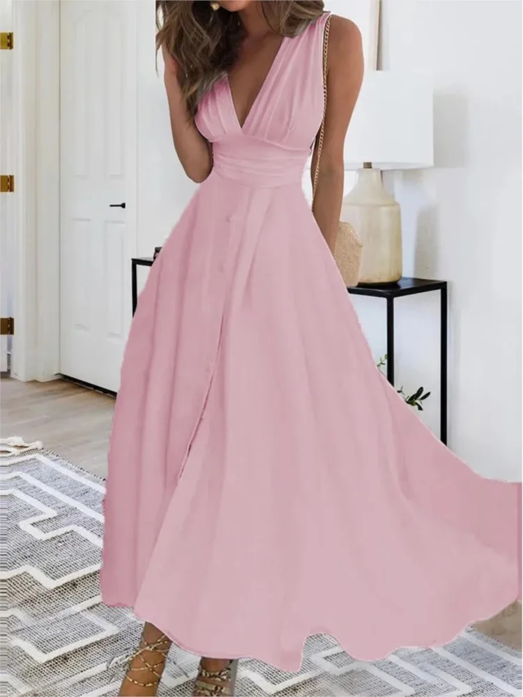 Spring Summer Elegant Party Long Dress For Women Sexy Deep V Neck Sleeveless Slim White Casual Boho Maxi Dresses 2024 Robe Femme