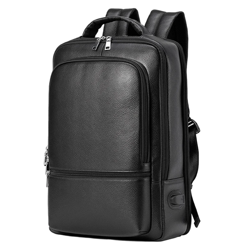 Mochila 100% de piel auténtica para hombre, bolso para ordenador portátil de 15,6 pulgadas, escolar, informal, de viaje