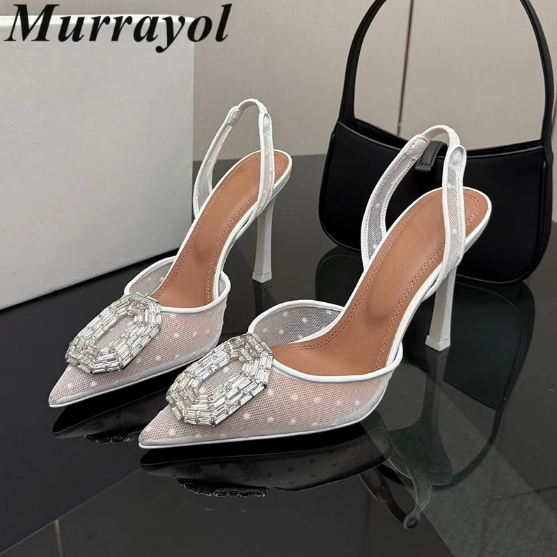 New Wedding Shoes Women Rhinestone Decor Sexy Sandalias Pointed Toe Lace Thin Hight Heels Sandals Summer Party Dress Shoes