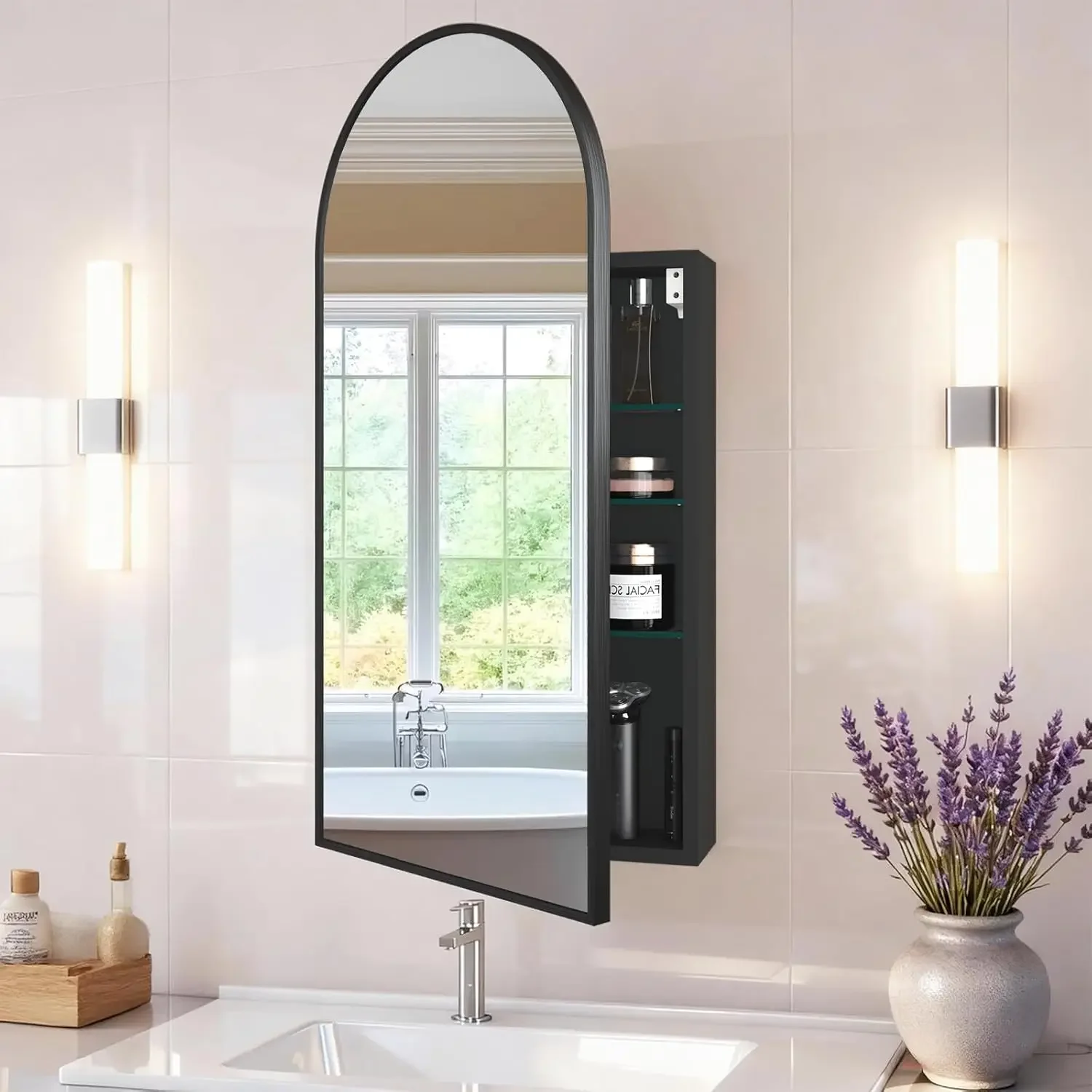 Arched Black Bathroom Medicine Cabinet with Mirror, Left or Right Opening, Bathroom Vanity Mirrors with Storage, Surface Mount M
