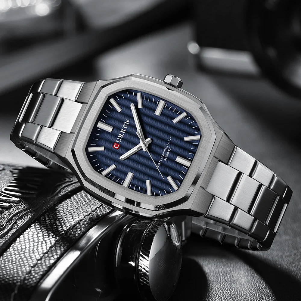 CURREN 8458 นาฬิกาสี่เหลี่ยมหน้าปัดเล็กนาฬิกาลําลองกันน้ํานาฬิกาคู่รักเรียบง่ายนาฬิกาข้อมือหน้าปัดเล็ก