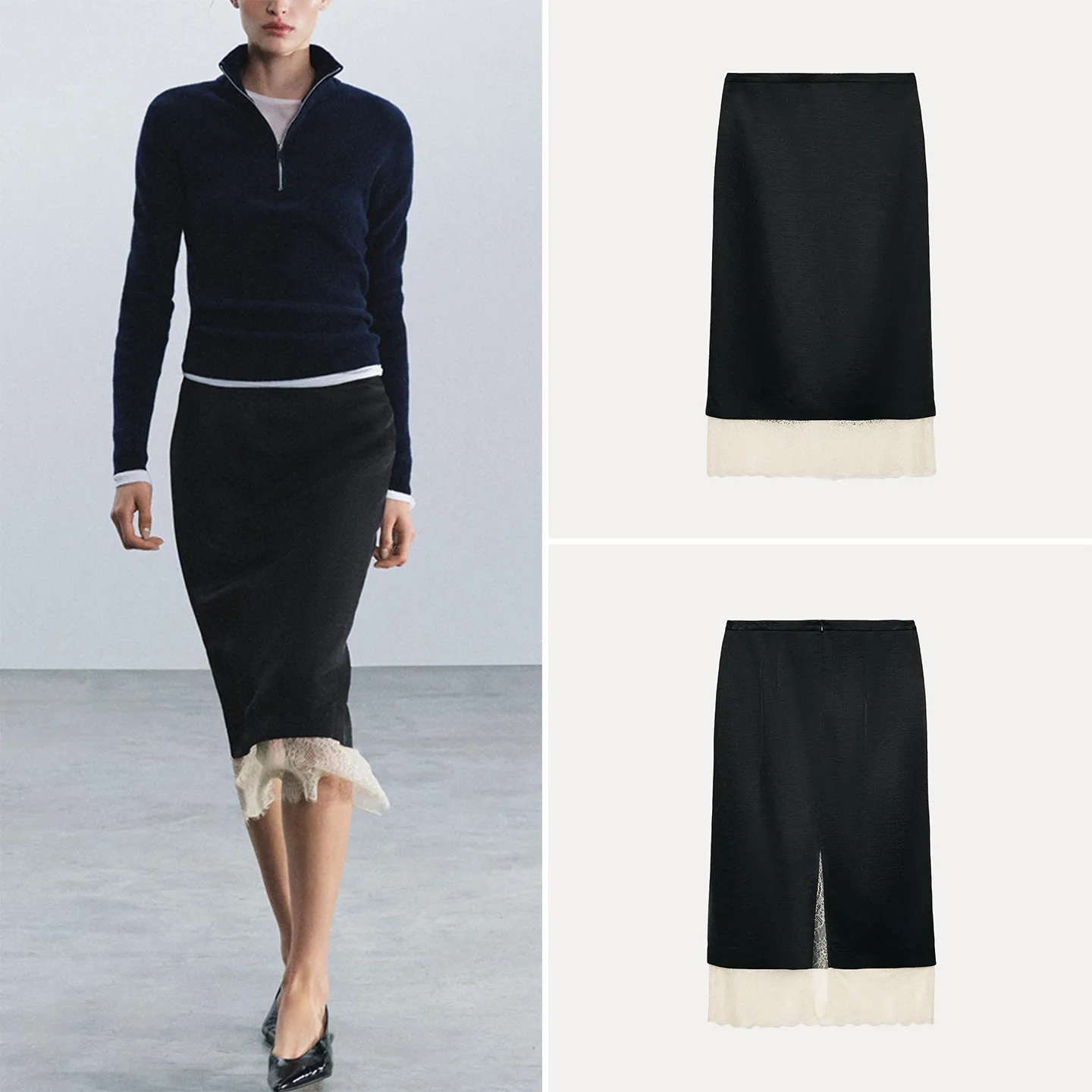 Fashionable Mid-Waist Color Block Lace Straight Skirt Women's Autumn 2026 New Arrival ZADATA Standard Fit Other Material