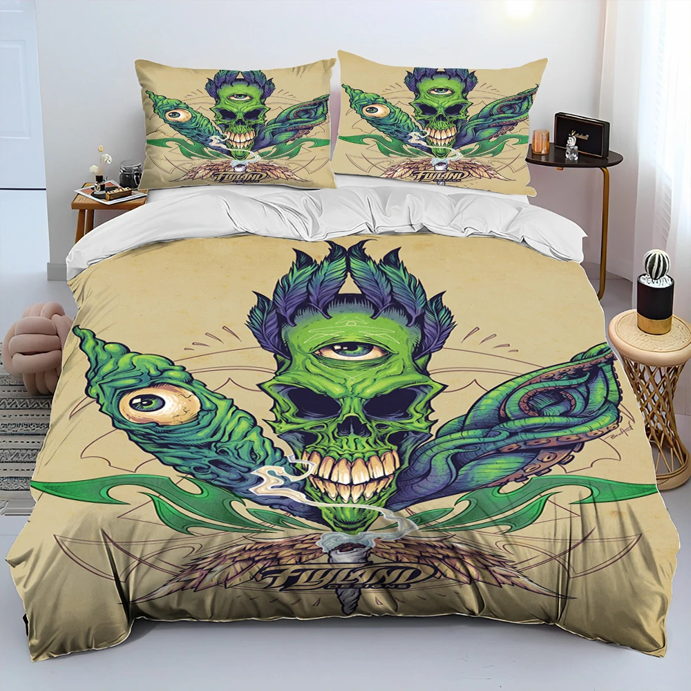 3D Maple Weed Plants Green Death Skull Bedding Set,Duvet Cover Bed Set Quilt Cover Pillowcase,King Queen Size Bedding Set Adult