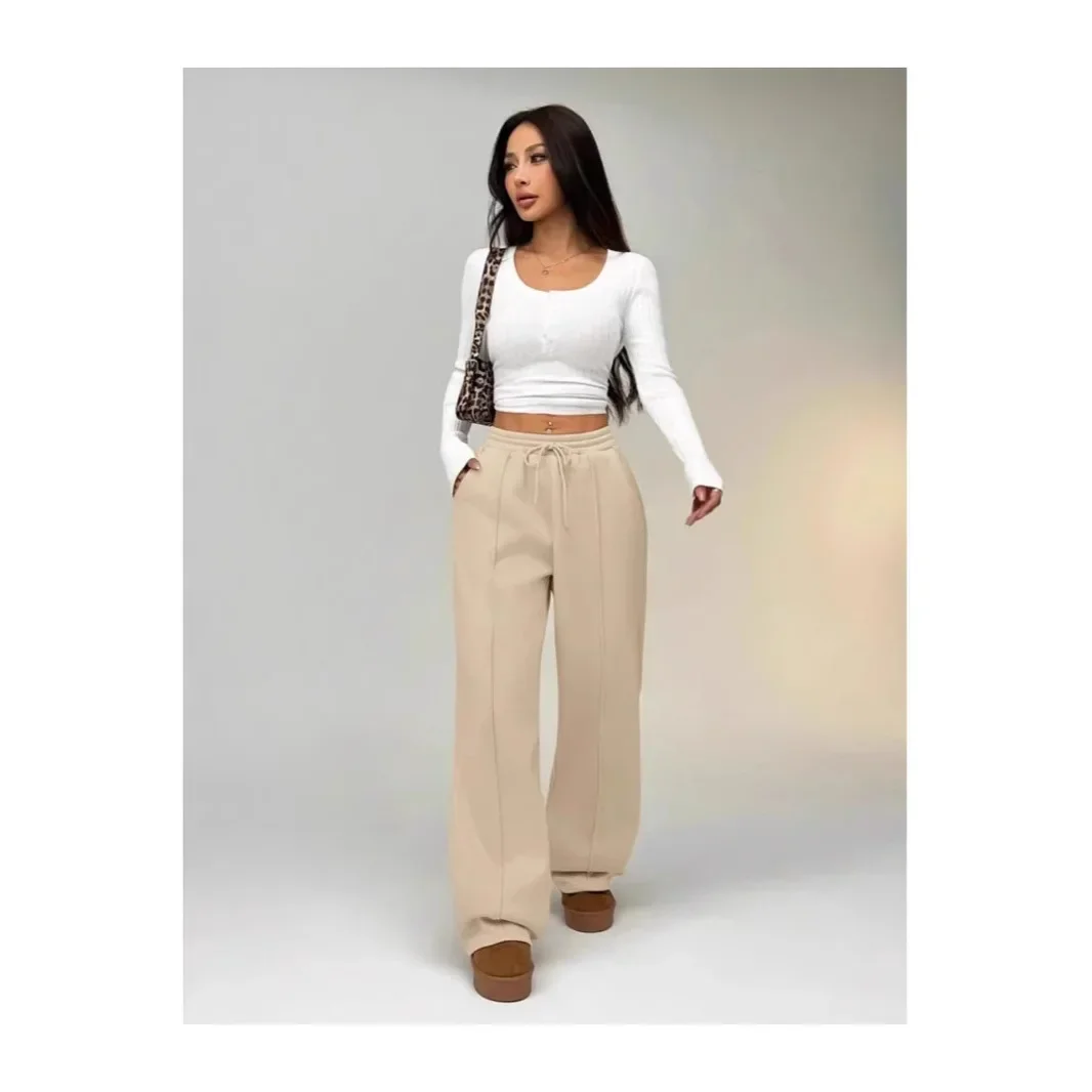 

Pop Women's Casual Pure Color Elastic Waist Sweatpants Spring Autumn Straight Leg Pockets Drawstring Loose Fit Floor Length