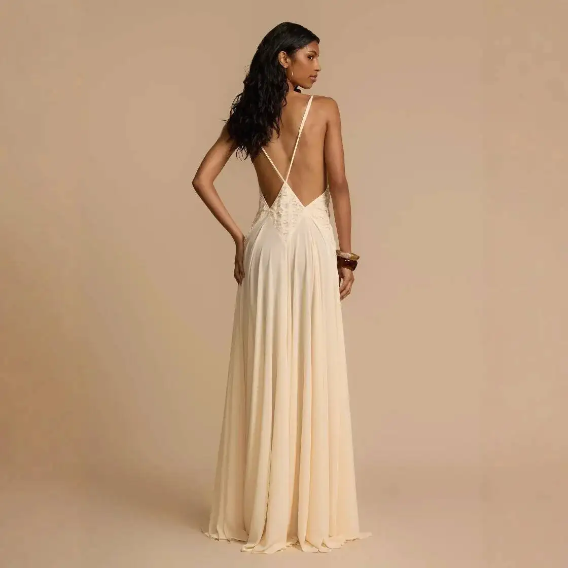 

Women Backless Dress 2025 Summer Women's Elegant Strap Dress Fashion Maxi Dress Patchwork Lace Camisole Solid Color