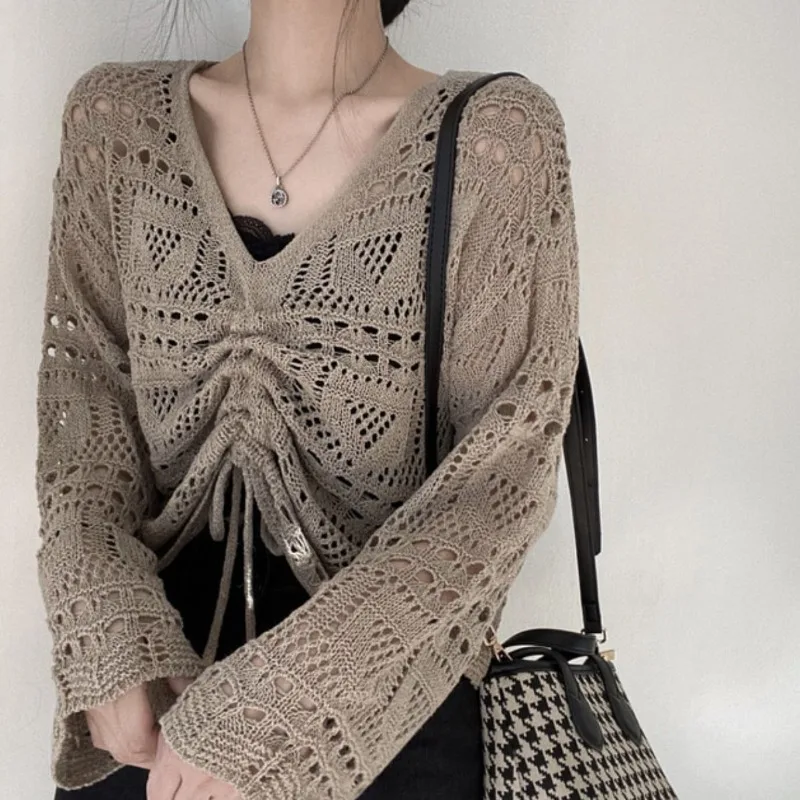 New Hollow Out Design Knitted Loose Women Pullovers Y2k Punk Front Drawstring All Match Streetwear Top Korean Office Lady Jumper