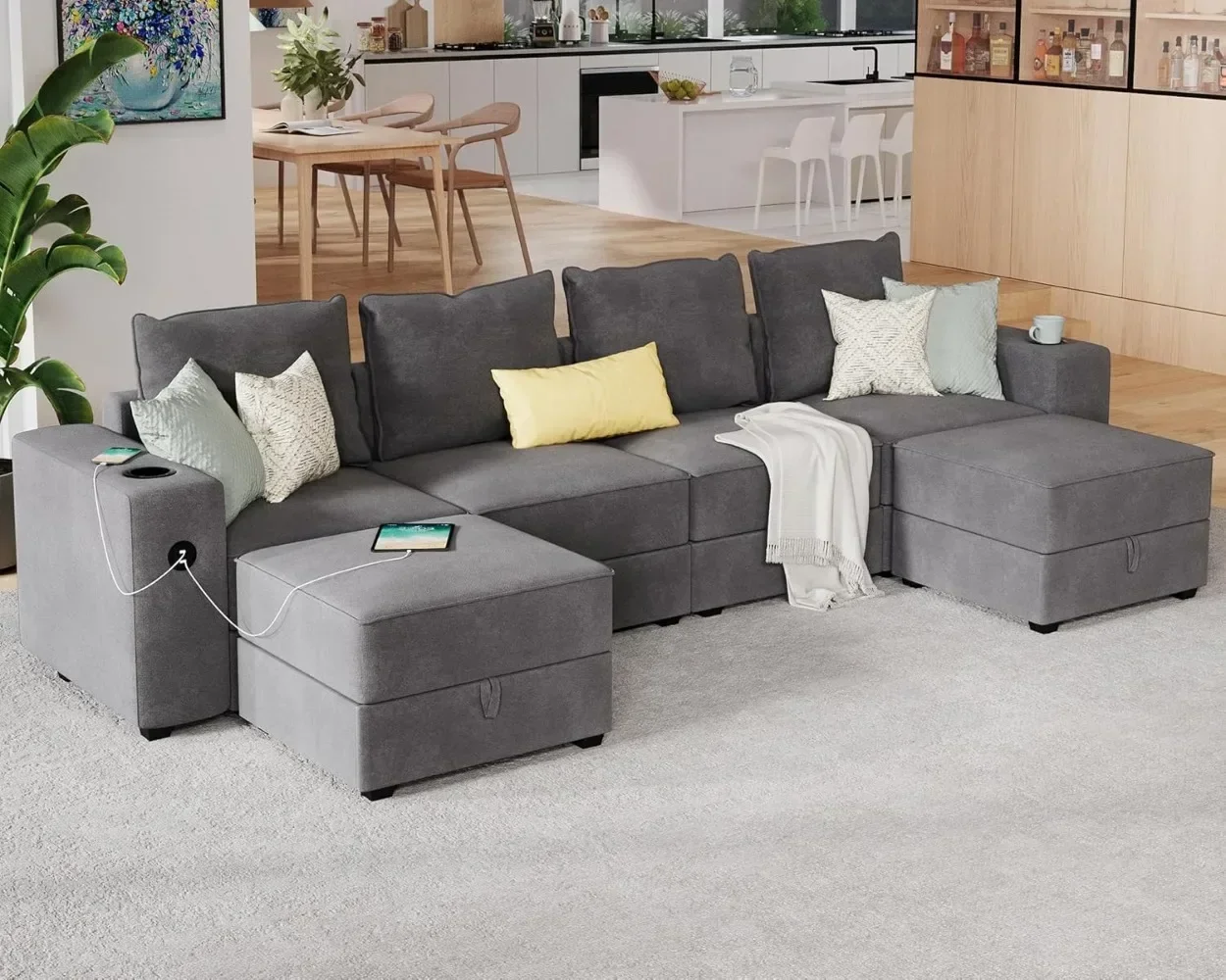 Sectional Sofa with 2 USB Ports & Cup Holders 6 Seats U Shaped Couch with Storage 6 Pieces Set Sectional Couch Gray Sofa Couch